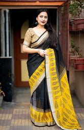 Black printed linen saree